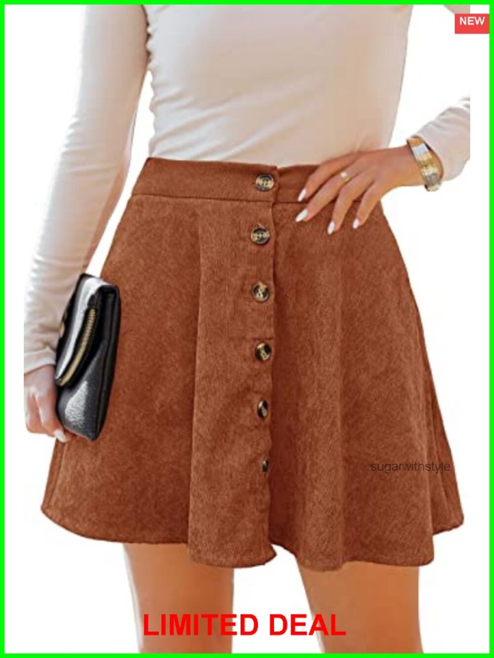 A-Line Pleated Corduroy Mini Skater Skirt with Pockets Button Front